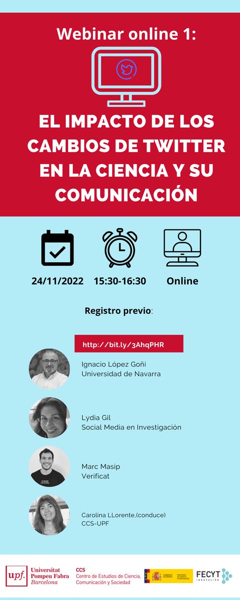 📣¿Qué implicaciones podrían tener para las personas dedicadas a hacer #ciencia o a su #comunicación los cambios en las políticas de @Twitter ?

Te invitamos a analizarlo en el webinar <a href="/ccupf/">CCS-UPF</a> y <a href="/FECYT_Ciencia/">FECYT</a>:
 
📅jueves, 24/11

⏱️15:30 a 16:30 (CET)

✔️: bit.ly/3TDoVIy