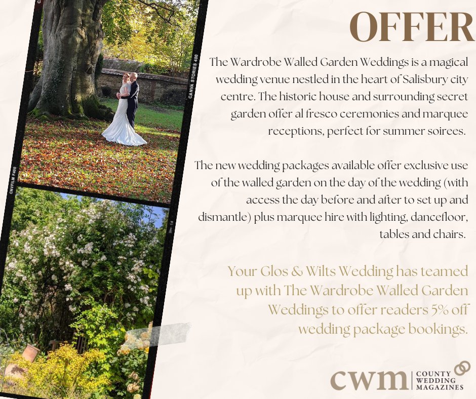 ✨ OFFER✨

Your Glos &amp; Wilts Wedding has teamed up with The Wardrobe Walled Garden Weddings to offer readers 5% off wedding package bookings.

Call 01722 580 086 quoting YGWW35 to find out more.

The closing date is Wednesday, 30 November 2022!

yourgloswilts.wedding/offers