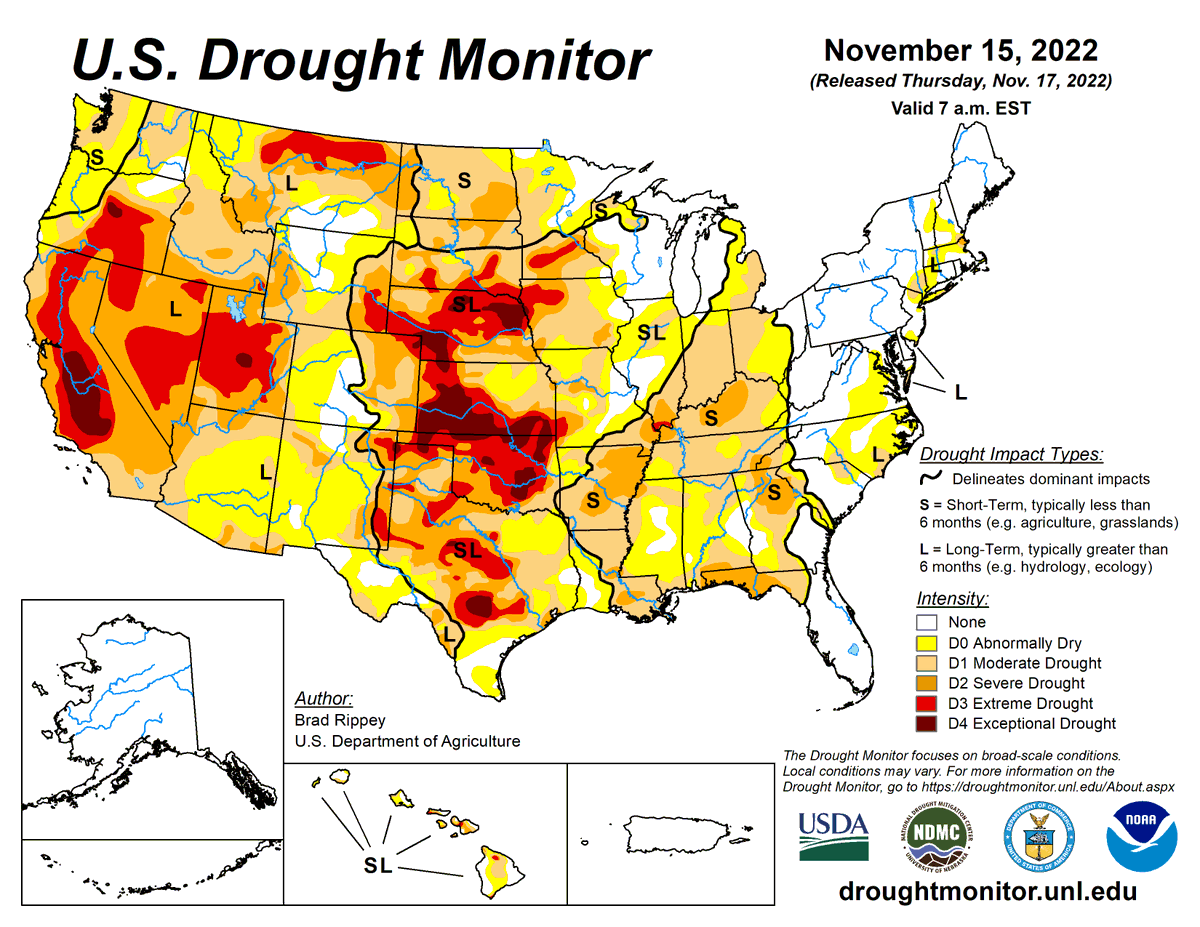 Drought Center (@droughtcenter) on Twitter photo U.S. Drought Monitor 11-10-2022:
The proportion of the U.S. in #drought decreased to 49.4%, dropping below 50% for the first time in a month.
Drought now affects 137 million people.
<a href="/DroughtGov/">NIDIS Drought.gov</a> <a href="/NOAANCEI/">NOAA NCEI</a> <a href="/USDAClimateHubs/">USDA Climate Hubs</a> <a href="/usdafsa/">Farm Service Agency</a> <a href="/FarmersGov/">Farmers.gov</a> U.S. Drought Monitor 11-10-2022:
The proportion of the U.S. in #drought decreased to 49.4%, dropping below 50% for the first time in a month.
Drought now affects 137 million people.
<a href="/DroughtGov/">NIDIS Drought.gov</a> <a href="/NOAANCEI/">NOAA NCEI</a> <a href="/USDAClimateHubs/">USDA Climate Hubs</a> <a href="/usdafsa/">Farm Service Agency</a> <a href="/FarmersGov/">Farmers.gov</a>