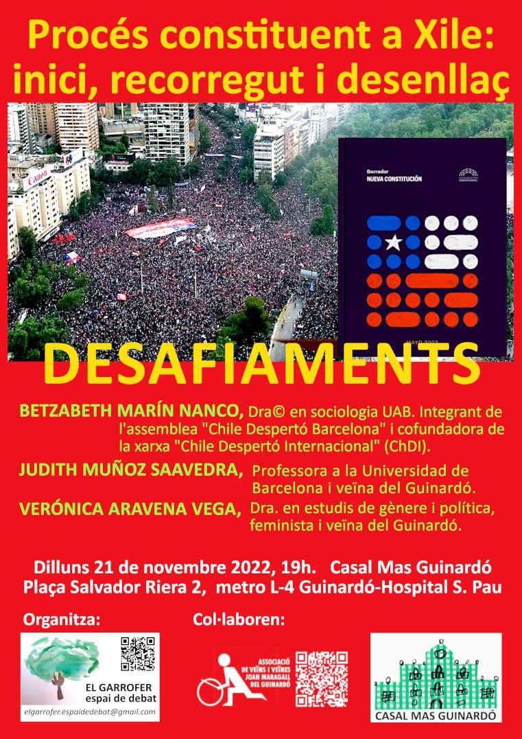 El próximo lunes estaremos conversando en #ElGuinardó sobre el proceso constituyente en #Chile con dos compañeras de lujo. Ellas decían que un buen título sería: ¿El despertar de Chile? Antecedentes, desarrollo y consecuencias de una revolución frustrada...
19.00 h. <a href="/elgarrofer1/">elgarrofer</a>