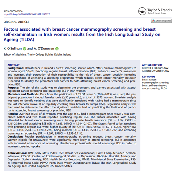 tilda_tcd's tweet image. TILDA data shows that practicing regular breast self-examination (BSE) is associated with ⬆️attendance at #BreastCheck screening @HSELive  

A really nice paper from Kieran O&apos;Sullivan &amp;amp; @anitaodonovan1 using publically archived datasets @issda 

#breastcancer #secondarydata