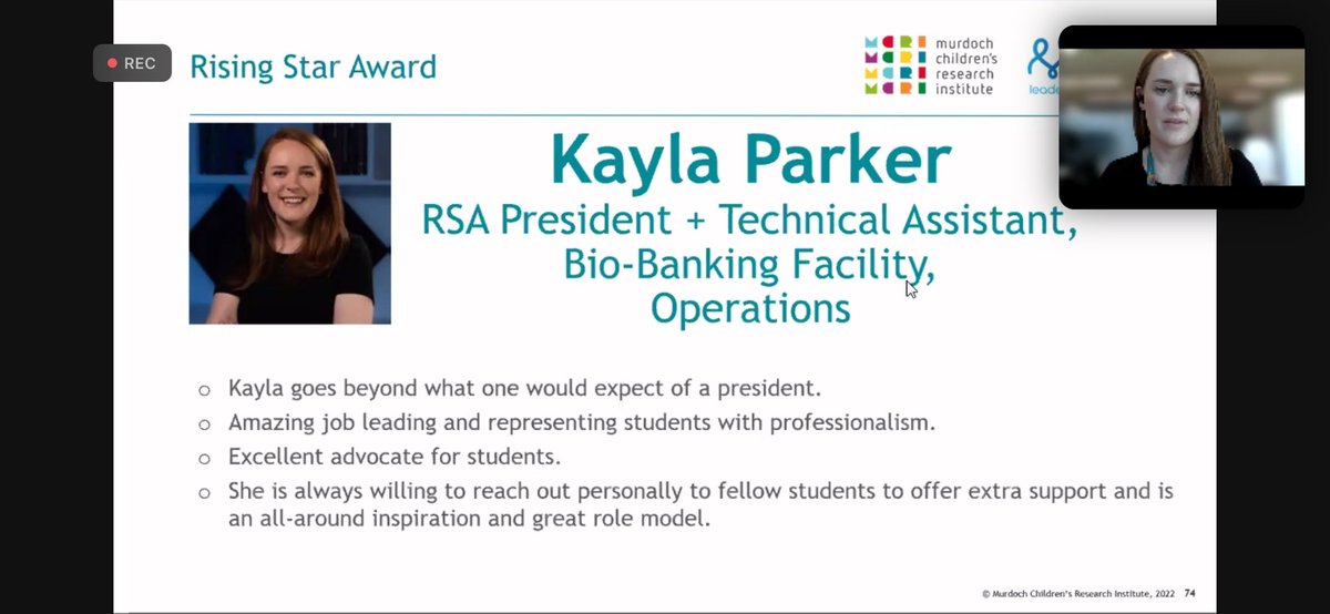_KaylaParker's tweet photo. Incredibly honoured to have recently received @MCRI_for_kids Rising Star Award ✨ A huge thank you to everyone that nominated me. I owe this achievement to the enormous support I had surrounding me. Particularly the RSA, MCGR &amp; DoP committees, and my supervisors! https://t.co/kwFrznc9mJ