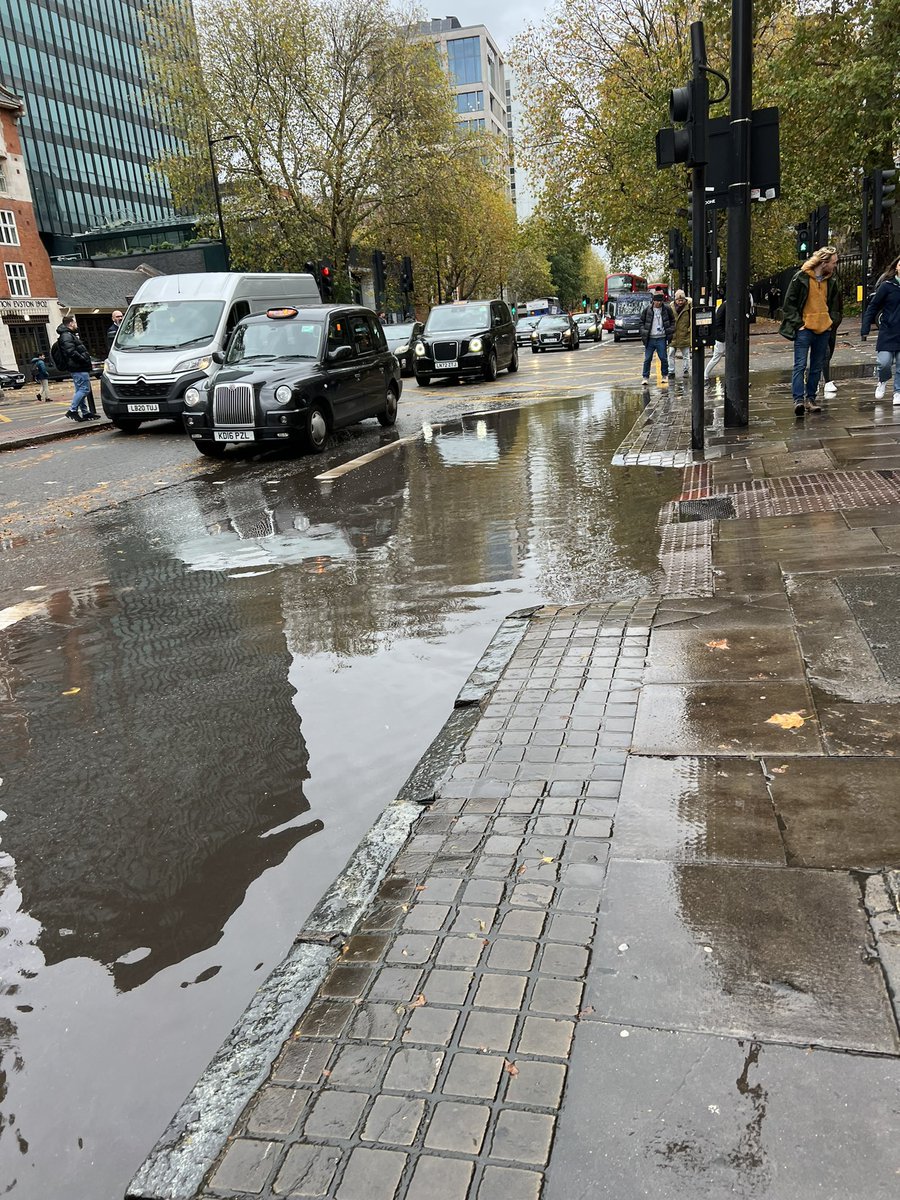 manmohan's tweet image. No place for pedestrians to cross the road without risk of accidents to avoid the puddle in front of such a busy station at #LondonEuston that connects important areas into #London. It has been like this for years!! @citylordmayor @SadiqKhan @MayorofLondon