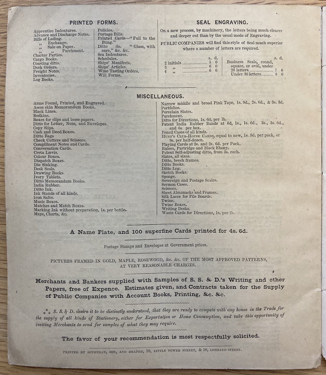 liamsims's tweet image. …but picture framing, general stationery, ink, pens &amp;amp; quills, knives &amp;amp; paper. The catalogue closes politely with the sentence ‘The favor of your recommendation is most respectfully solicited’. 

Soon available in a reading room near you (shelfmark 8000.b.482[14]). (2/2)