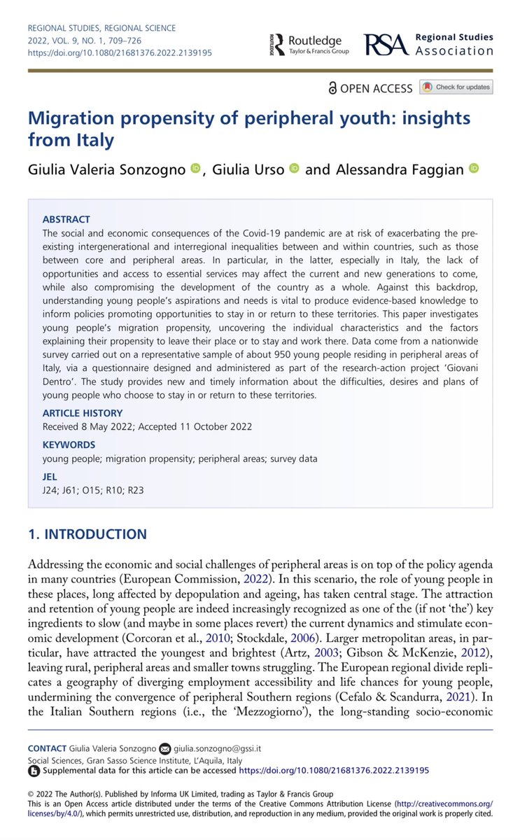 Giulia Valeria Sonzogno (@giuliasonzogno) on Twitter photo Do young people living in #peripheralareas want to leave them? This new joint work with @GiuliaUrso4 @afaggian <a href="/GSSISocialSci/">GSSI Social Sciences</a> - published in <a href="/RSRS_OA/">Regional Studies, Regional Science (RSRS)</a> - provides first-ever powerful insights on italian #areeinterne
doi.org/10.1080/216813… Do young people living in #peripheralareas want to leave them? This new joint work with @GiuliaUrso4 @afaggian <a href="/GSSISocialSci/">GSSI Social Sciences</a> - published in <a href="/RSRS_OA/">Regional Studies, Regional Science (RSRS)</a> - provides first-ever powerful insights on italian #areeinterne
doi.org/10.1080/216813…