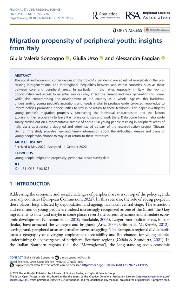 Do young people living in #peripheralareas want to leave them? This new joint work with @GiuliaUrso4 @afaggian @GSSISocialSci - published in @RSRS_OA - provides first-ever powerful insights on italian #areeinterne doi.org/10.1080/216813…