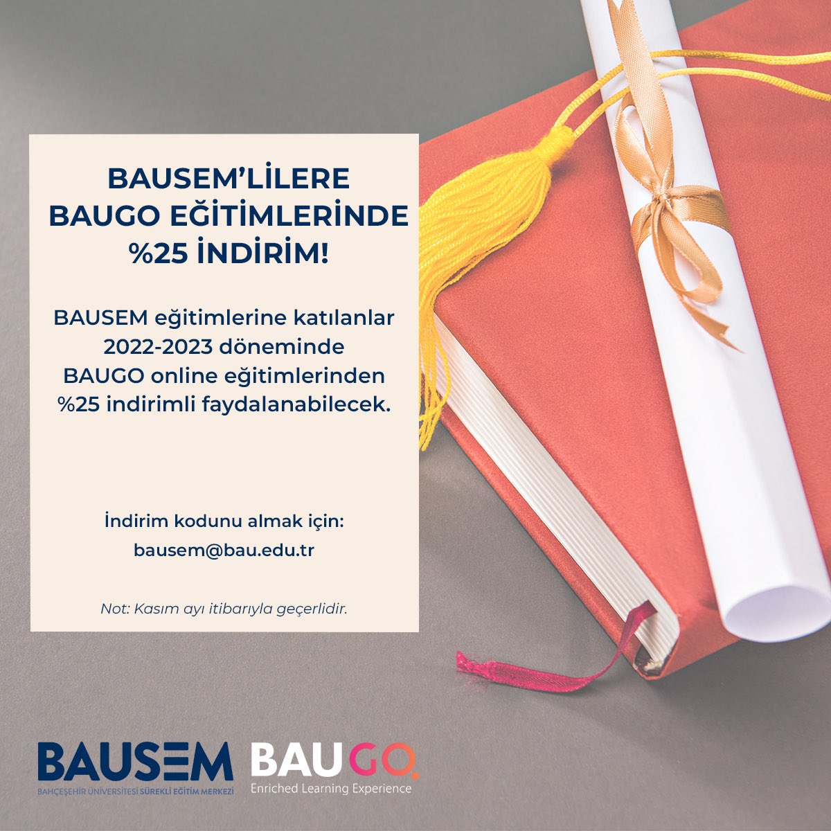 bauprofessional's tweet photo. Kasım ayı itibarıyla BAUSEM eğitimlerine katılanlar 2022-2023 süresi boyunca BAUGO online eğitimlerinden %25 indirimli faydalanabilecek.
İndirim kodunu almak için: bausem@bau.edu.tr
BAUGO eğitimlerini incelemek için 👉🏻 https://t.co/6JMsCyL3bC
#BAUSEM https://t.co/kovrkBik2b