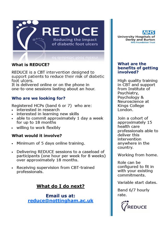 Calling <a href="/divhealthpsych/">BPS DHP</a> members! 🚨Job Alert!🚨 We're looking for Health Psychologists who qualify for HCPC registration to train in and deliver our CBT-based intervention to patients in our REDUCE trial. Working from home. Email us at reduce@nottingham.ac.uk if  interested  🧵