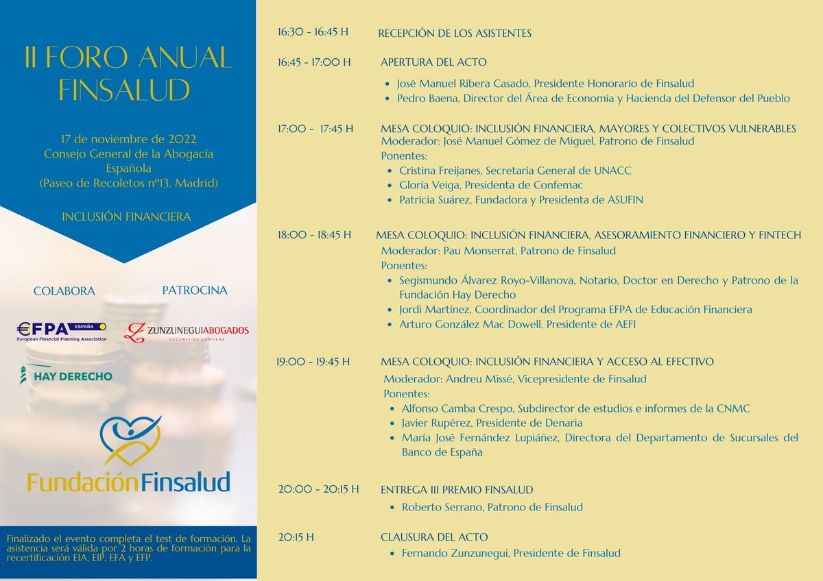 Finsalud_'s tweet photo. El II Foro @Finsalud_  sobre inclusión financiera que se celebra esta tarde pone el foco de una de sus mesas en los mayores y colectivos vulnerables. Se trata de un acto de interés para @65ymuchomas https://t.co/pQlmpEvcby