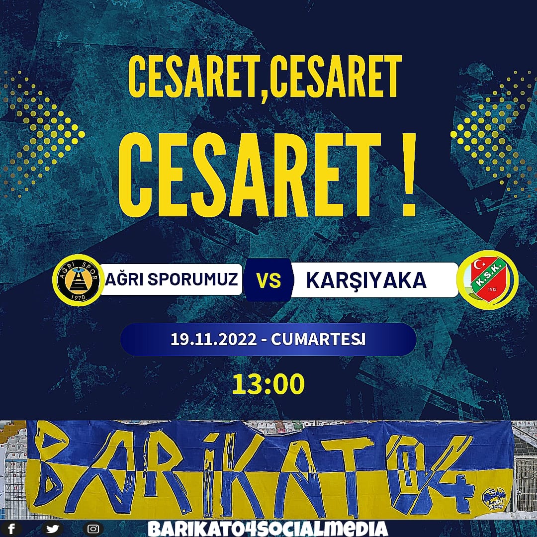 MAÇA DOĞRU
AĞRI SPORUMUZ 🆚 Karşıyaka
📆 19 Kasım Cumartesi
⏰ 13.00
🏟️ Vali Lütfi Yiğenoğlu Stadyumu

#barikat #morbarikat04 #barikat04lisetayfa #unibarikat04 #ataunibarikat04 #ağrıspor