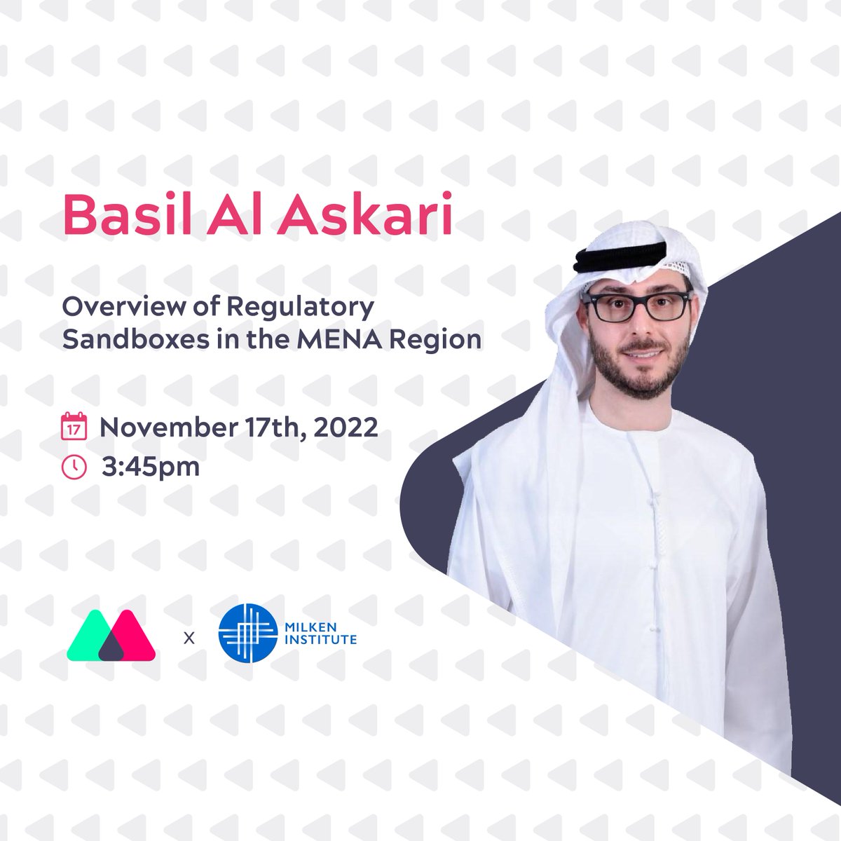 MidChains_'s tweet photo. Our Cofounder and CEO, Basil Al Askari, will be speaking at @MilkenInstitute's Middle East and Africa Summit 2022 as part of a panel titled "Overview of Regulatory Sandboxes in the MENA region" alongside experienced panelists.

#MidChains #MilkenInstitute #MEASummit #Regulation https://t.co/4DJjwSXlK1