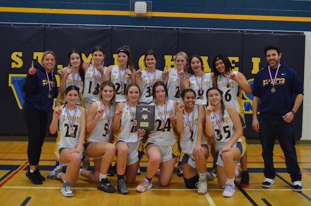 SJHS_RAMS's tweet photo. 🚨WOSSAA CHAMPS!🚨Congratulations to our junior girls basketball team on their 42-21 win over CASS to take the gold at WOSSAA in Stratford. Great job Rams on an incredible season!🥇🏀🏆🎉 #champs #blueandGOLD #rampride @LDCSB @myFM_News941 https://t.co/9MFPTMyRNA