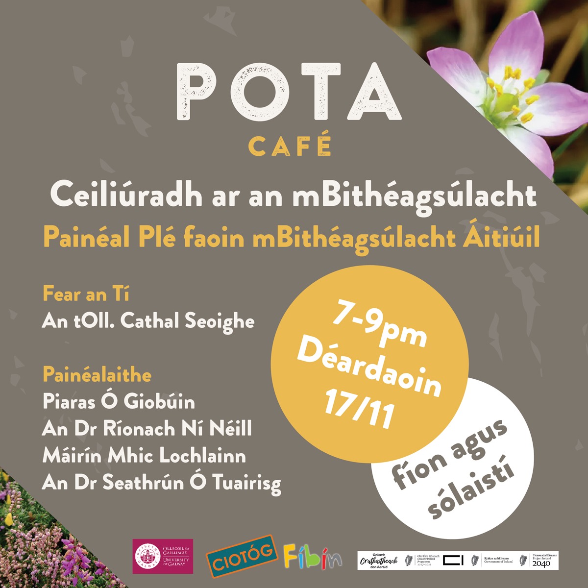 Ciotog_'s tweet photo. Anocht!
Buailigí isteach le haghaidh plé bhríomhar faoin mbithéagsúlacht i gConamara agus soláistí blasta ó @pota_cafe, buaiteoir an chaifé is fearr in Éirinn.
#creativeclimate
@creativeirl
@uniofgalway @Dept_ECC @PobalRua #Conamara #bithéagsúlacht #biodiversity https://t.co/k24jjU85fU