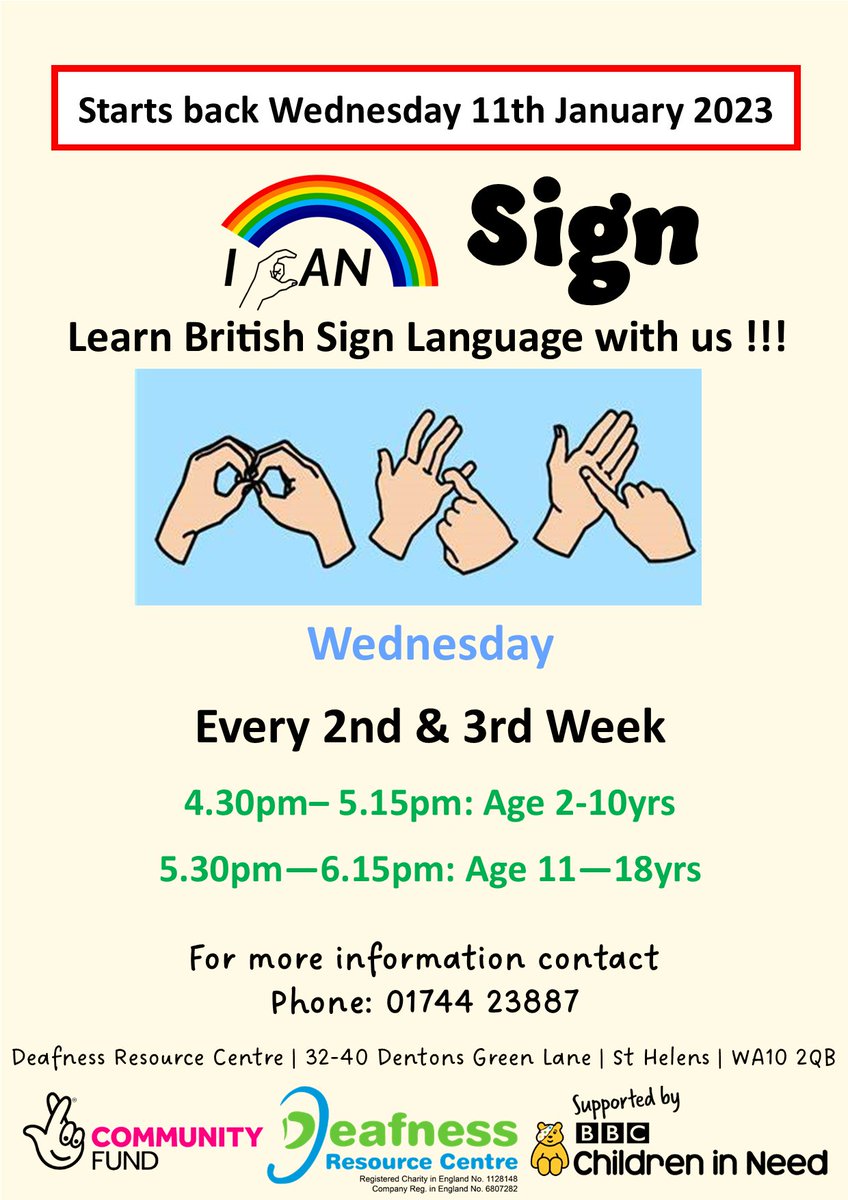 Sarah_DRC1's tweet photo. The #ICANproject at the Deafness Resource Centre is offering #SignLanguage lessons to Under 18s

Offering NEW DATES starting from 11th Jan '23

Contact: 
(text/phone) 01744 23887
Email/link upload: ICAN@deafnessresourcecentre.org 

@DRC_ICANproject  @DRCsthelens https://t.co/LxwMYgilfA