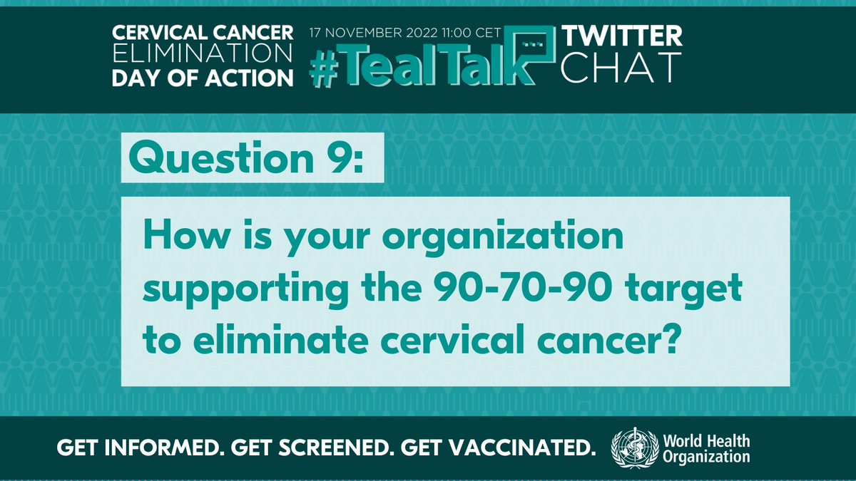 #Cervicalcancer is one of the most successfully treatable forms of cancer, as long as it is detected early & managed effectively. 

Q9: How is your organization supporting the 90-70-90 target to eliminate cervical cancer? #TealTalk