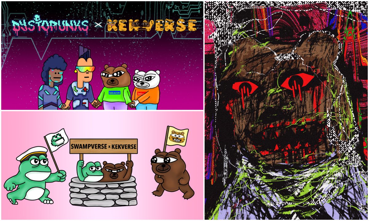 Based_Pleb's tweet photo. Kekverse 🐻 Collab NFTs! Shoutout to these amazing projects. They believed in us &amp; we made the collab happen! Thank you frens for the support #kekverse 

@Llameverse_ @tubbycatsnft @AgeofAnura @wulfznft @PixelTigers @smolverse @DystoPunks @SwampverseNFT @starwolvez @4NNOY1NG https://t.co/wvu4T0lrKl