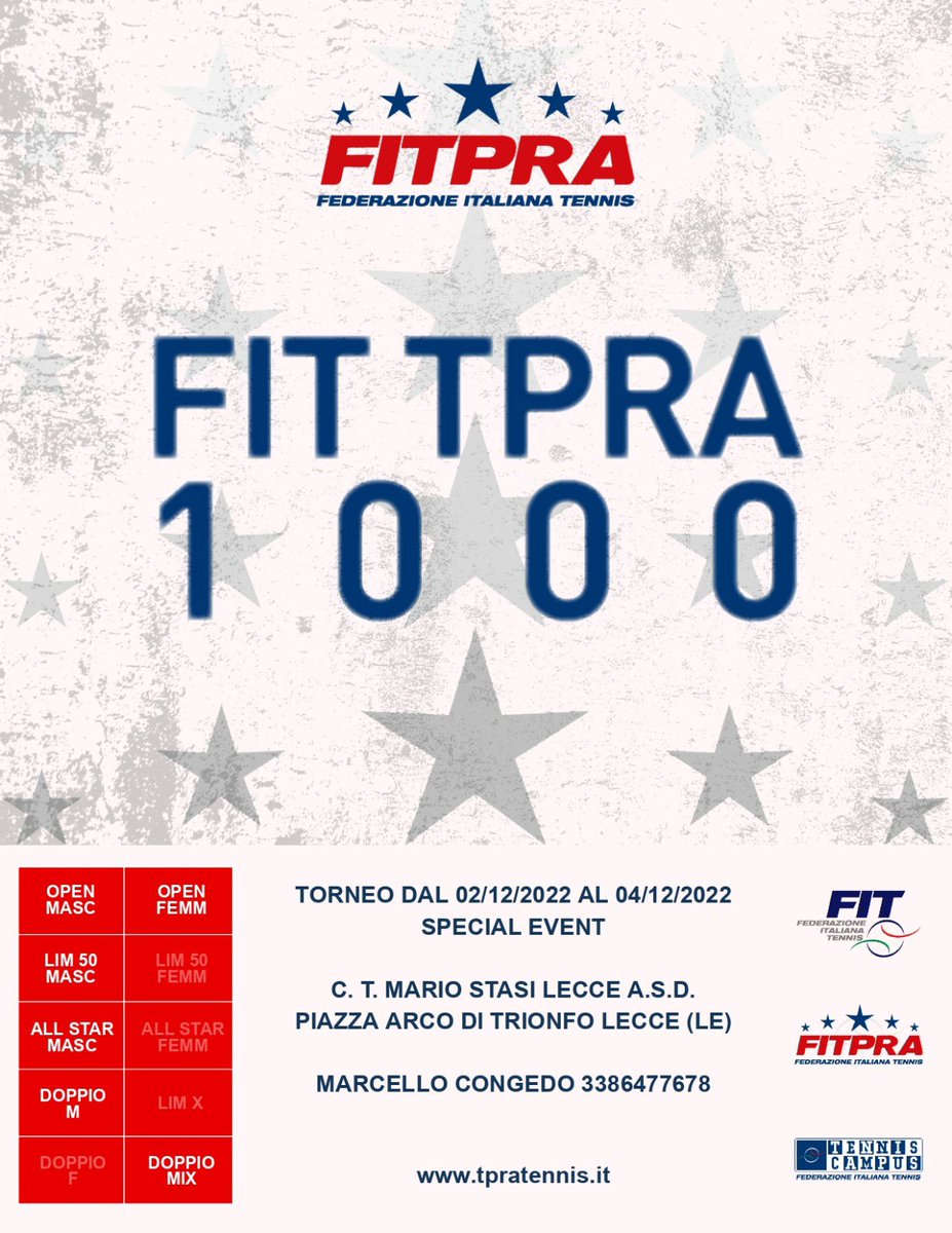 CTLecce's tweet photo. Nuovo appuntamento con il circuito TPRA Tennis presso il nostro Circolo.
Per informazioni, contattare Marcello Congedo al numero +393386477678.
#Lecce #Tennis #CTLecce #CircoloTennisLecce #TennisTournament #LecceTennis #SalentoTennis #FederTennis #FITTPRA #TPRA #TPRATennis https://t.co/Z6TrsgvRt3