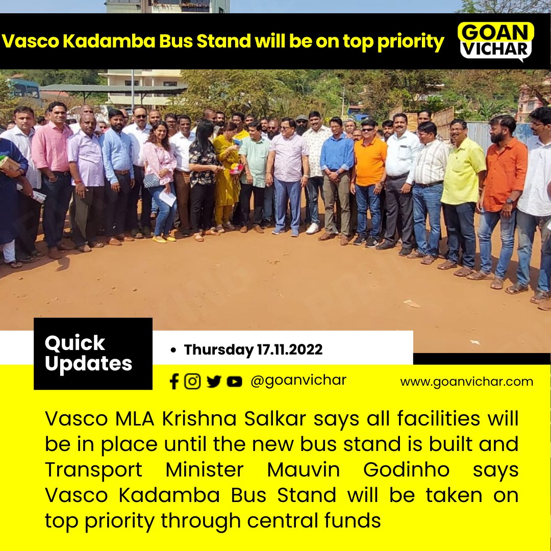 Goanvichar's tweet photo. Vasco MLA Krishna Salkar says all facilities will be in place until the new bus stand is built and Transport Minister Mauvin Godinho says Vasco Kadamba Bus Stand will be taken on top priority through central funds

#Goa #GoanVichar #QuickUpdates #Vasco #BusStand #Kadamba https://t.co/LTb0G5m5m3