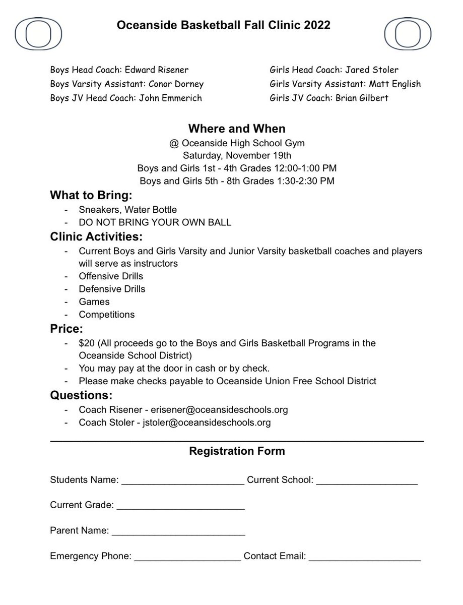 Oceanside Basketball Youth Clinic Saturday, November 19th @ Oceanside High School for Boys and Girls 1st-4th grade 12:00 - 1:00 pm. Boys and Girls 5th - 8th grade 1:30-2:30 pm <a href="/OSchoolsPR/">Oceanside School District #OSD_NY</a> <a href="/OMS_NY/">Oceanside MS</a> <a href="/osdAthleticdept/">OSD Athletics, Physical Education and Health</a>