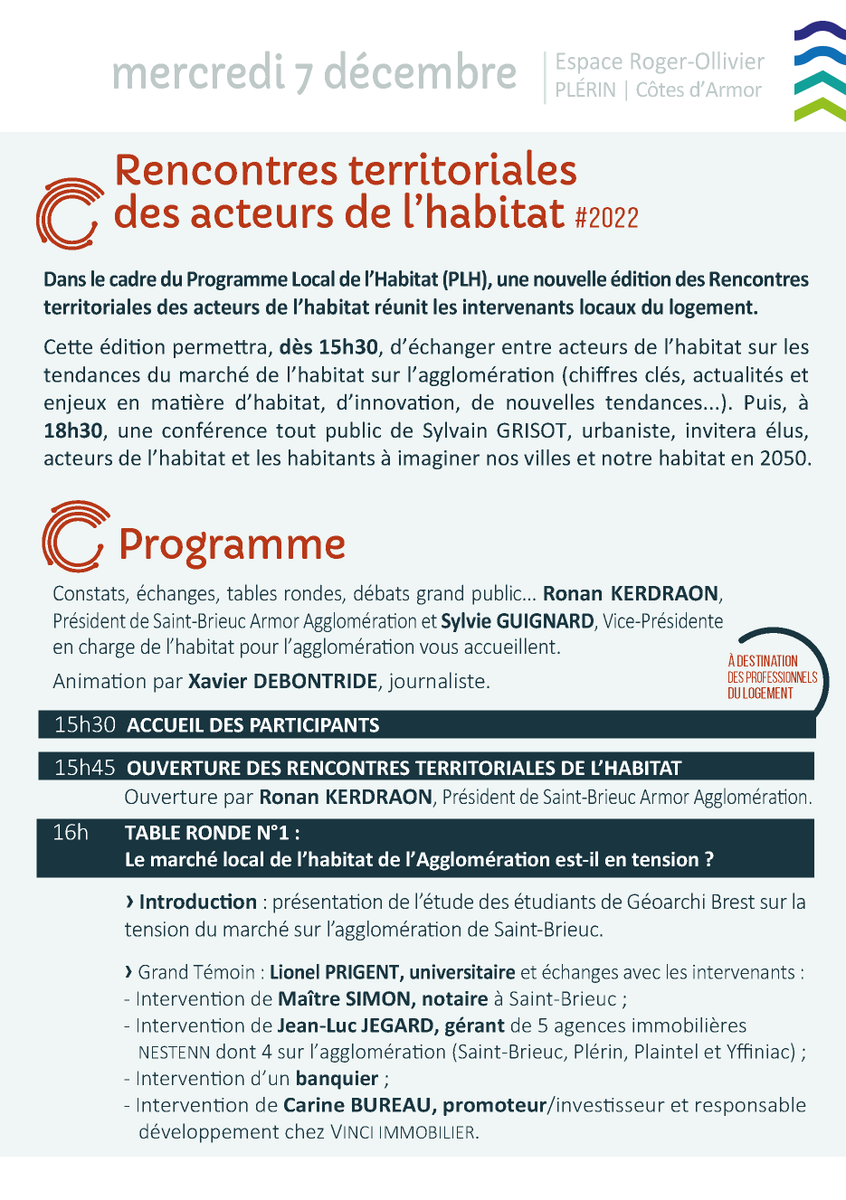 Habitat : Le sujet n’est pas la ville du futur, mais le futur de la ville. Mercr. 7 décembre : Rencontres territoriales de l'habitat <a href="/StBrieucAgglo/">StBrieuc Armor Agglo</a>. Rencontres, conférence tout public. Infos : 02 96 77 20 44 - servicehabitat@sbaa.fr @XDebontride @SylvainGrisot <a href="/VilledePlerin/">Ville de Plérin</a>