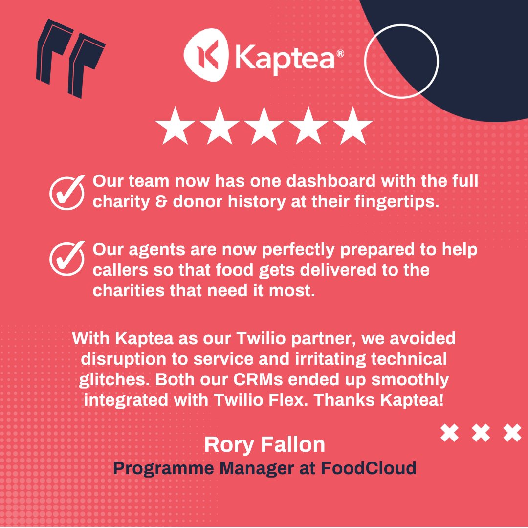 KapteaUX's tweet photo. Considering migrating your legacy contact centre systems to Twilio Flex? Then check out this case study from FoodCloud: https://t.co/9h04Ni3DwE
#foodcloud #twilio #twilioflex #salesforce #kaptea #casestudy https://t.co/rBSn8ksaqy