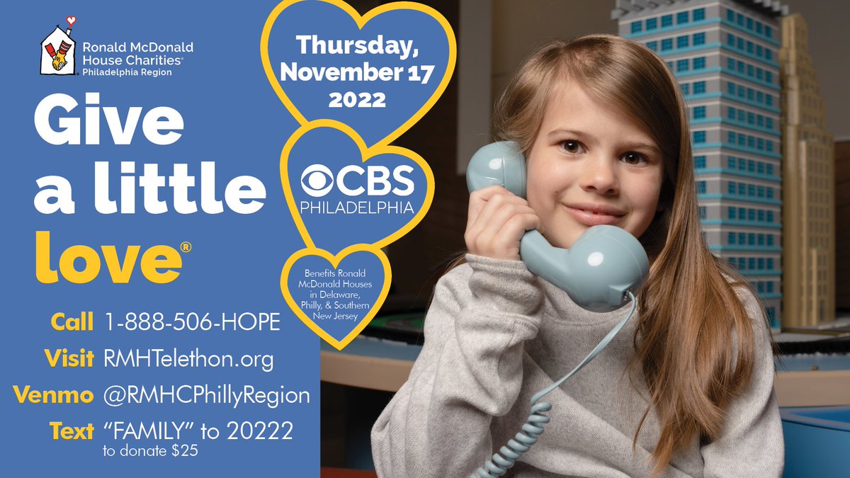 Our CBS3 Telethon is live! Catch us until 8:00 pm as we raise funds to support families staying at RMHC Philly, @RMHDelaware, and @RMHSNJ while their children receive life-saving treatment. Call 1-888-506-HOPE to donate, or text FAMILY to 20222 to donate $25. ❤️
