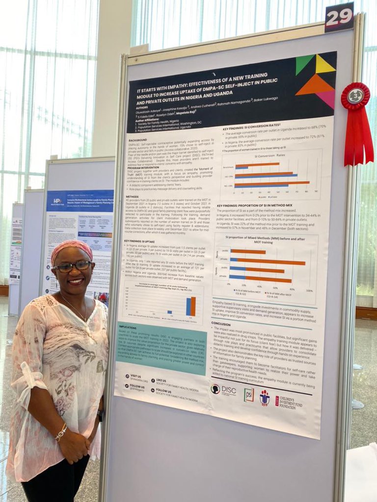 DISCinNigeria's tweet image. #ICFP2022

We’re happy to announce that our poster on the effectiveness of
a new training to increase DMPA-SC SI uptake in public&amp;amp;private outlets in Nigeria&amp;amp;Uganda was selected as one of the top three best posters of its session!

Congratulations authors!
@SFHNigeria @PSIimpact