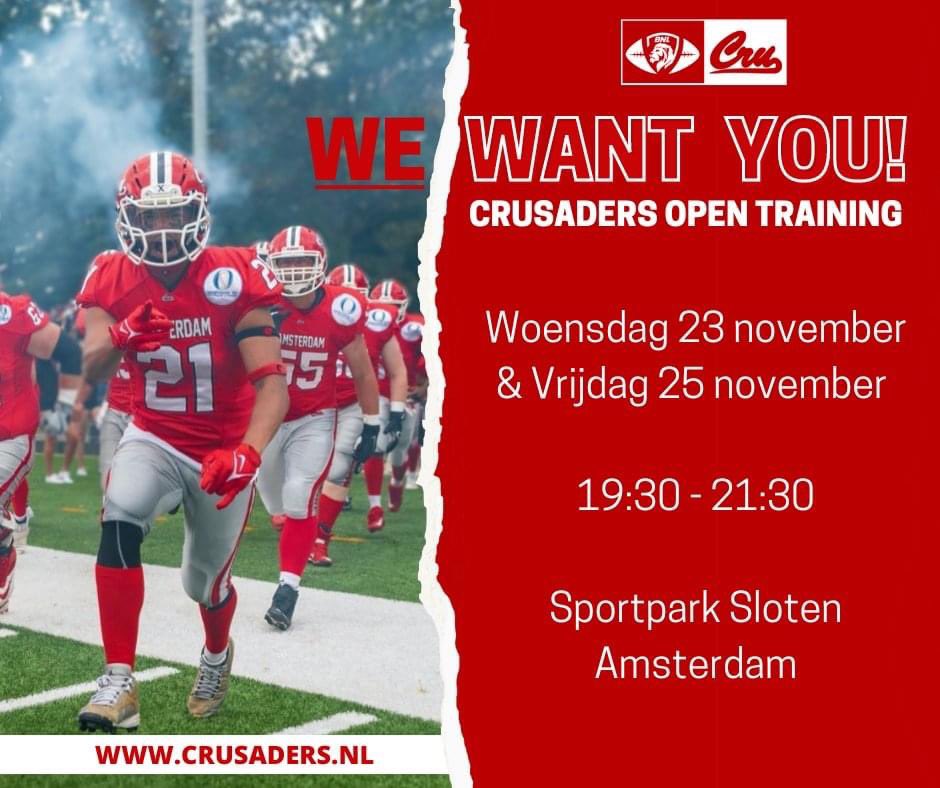 Wil jij ook op het hoogste niveau football spelen en aan internationale toernooien deelnemen? Kom dan naar de Crusaders. Het oudste en meest succesvolle football team van Nederland is op zoek naar nieuw en ervaren talent. Kom langs tijdens de open trainingen op 23 &amp; 25 november.