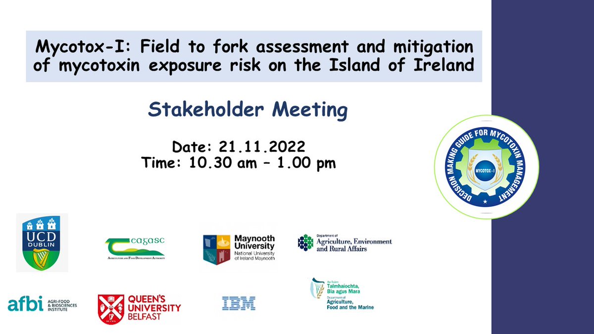 We are organizing a stakeholder meeting for our Mycotox-I project on 21st November at 10.30 am through zoom.
<a href="/doohancropslab/">Doohancropslab</a> <a href="/agriculture_ie/">Dept of Agriculture, Food and the Marine</a>  #MYCOTOX_I #Oats