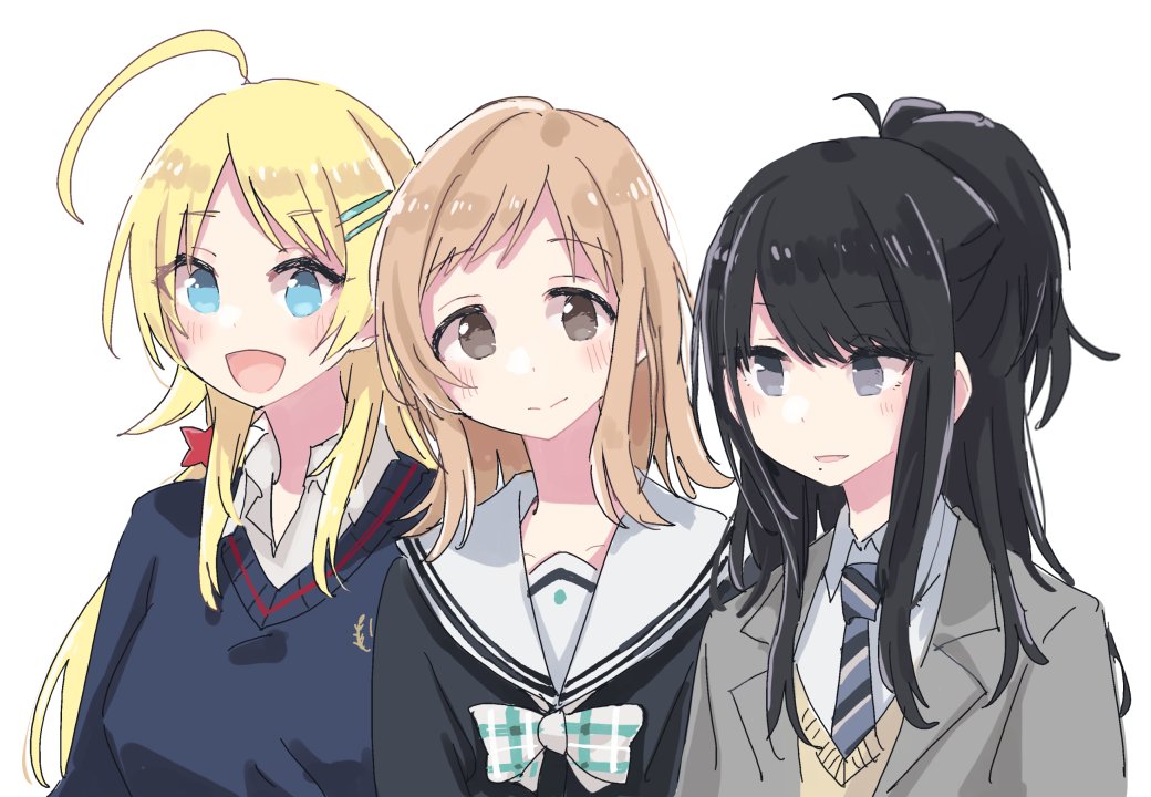 hachimiya meguru ,kazano hiori ,sakuragi mano 3girls multiple girls blonde hair mole under mouth school uniform black hair smile  illustration images