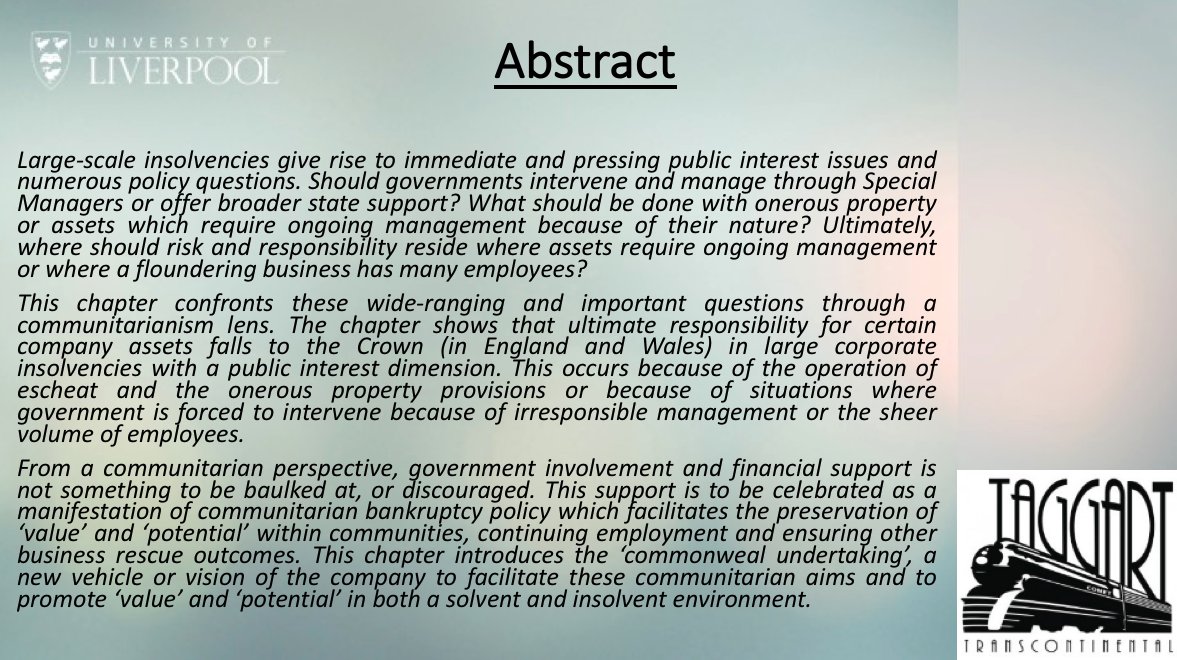 TribeBankruptcy's tweet photo. Looking forward to giving this paper @insolvencygovuk annual #ForwardThinkingConference today @NLS_NTU organised by @lawprofparry @insolvencygovuk-chapter in @corporatelawAU collection on the future of #insolvency law #communitarianism #bankruptcy #commonweal @LivUniLawSJ https://t.co/19tQ5avW8a