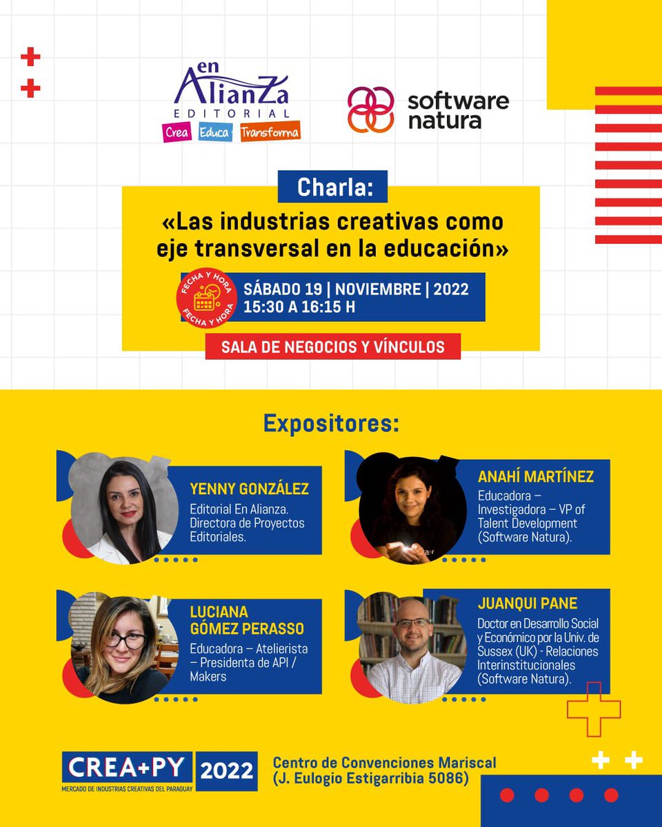 creamaspy's tweet photo. 📅 ¡Este sábado en #Creamaspy! Te esperamos en la charla: «Las industrias creativas como eje transversal en la educación».
☝️Evento gratuito previa inscripción: https://t.co/Jhi7ET7mez
🗓️ Sábado 19/11/22
🕒 15:30 h
📍Centro de Convenciones Mariscal | Sala de negocios y vínculos https://t.co/CMv9gzhsjL
