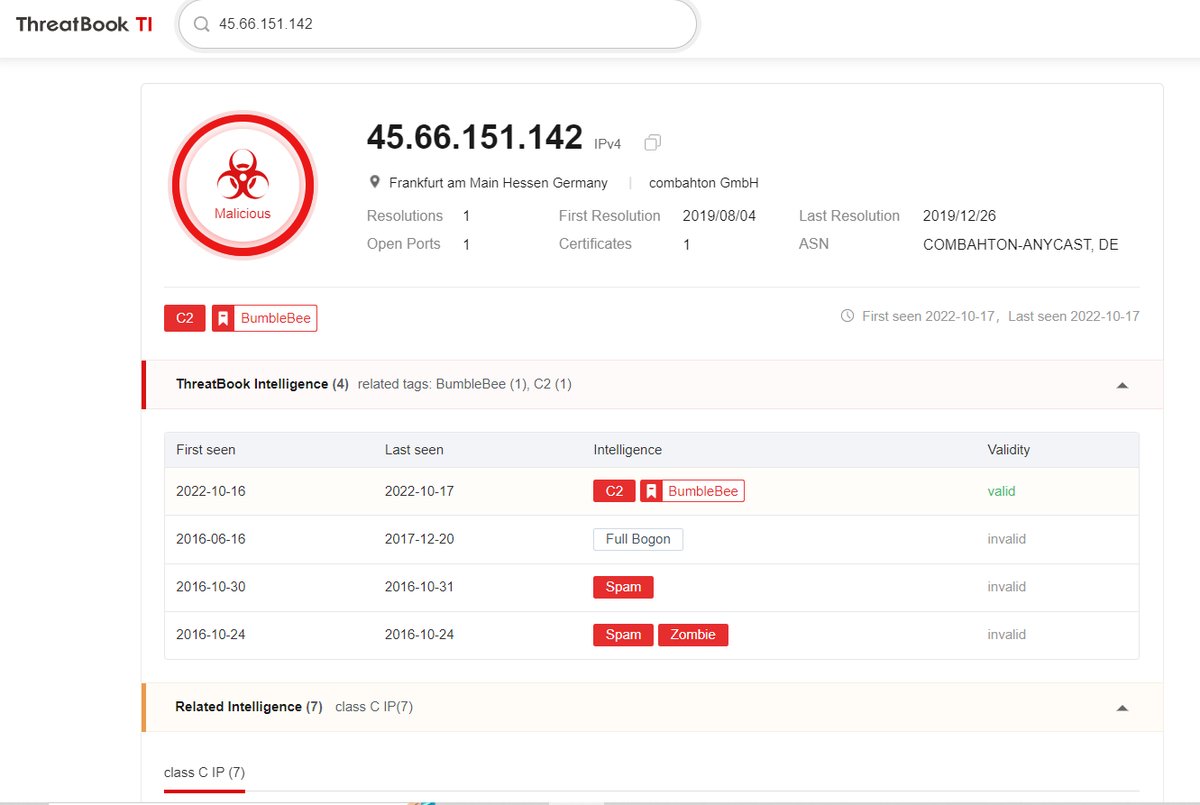 ThreatBookLabs's tweet photo. #Bumblebee #BazarLoader #CobaltStrike 
C&amp;C: 45.66.151[.]142
45.153.243[.]126
146.59.116[.]4
MD5：e6a046d1baa7cd2100bdf48102b8a144
d2bc7c2e9343e3f8313d643973fc1a56
d6a09a35b18a25b756fd0a2cfe18ecf1
see more IoC details on threatbook[.]io https://t.co/LhuJIStAc0