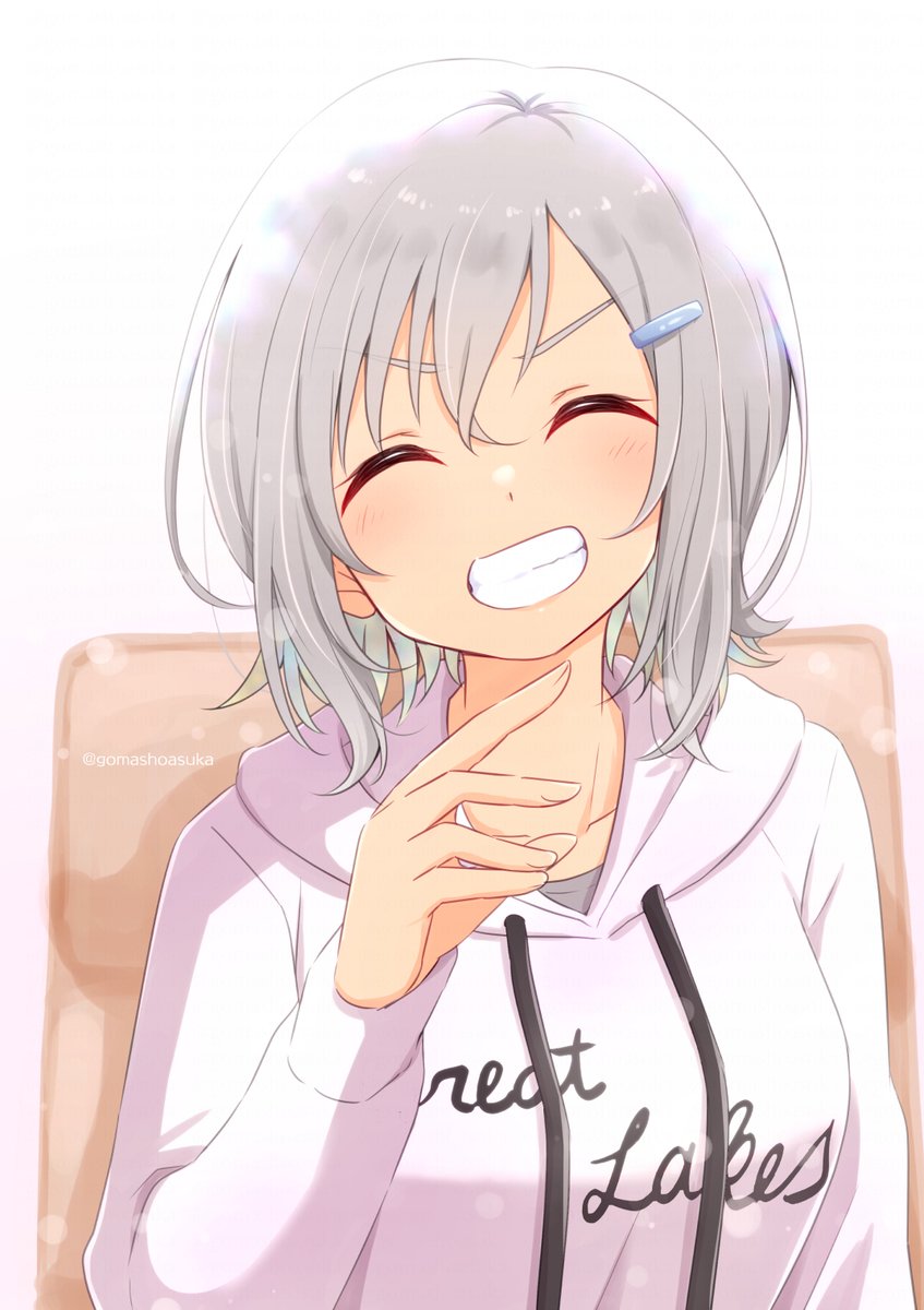 1girl solo hood closed eyes hoodie smile grey hair  illustration images