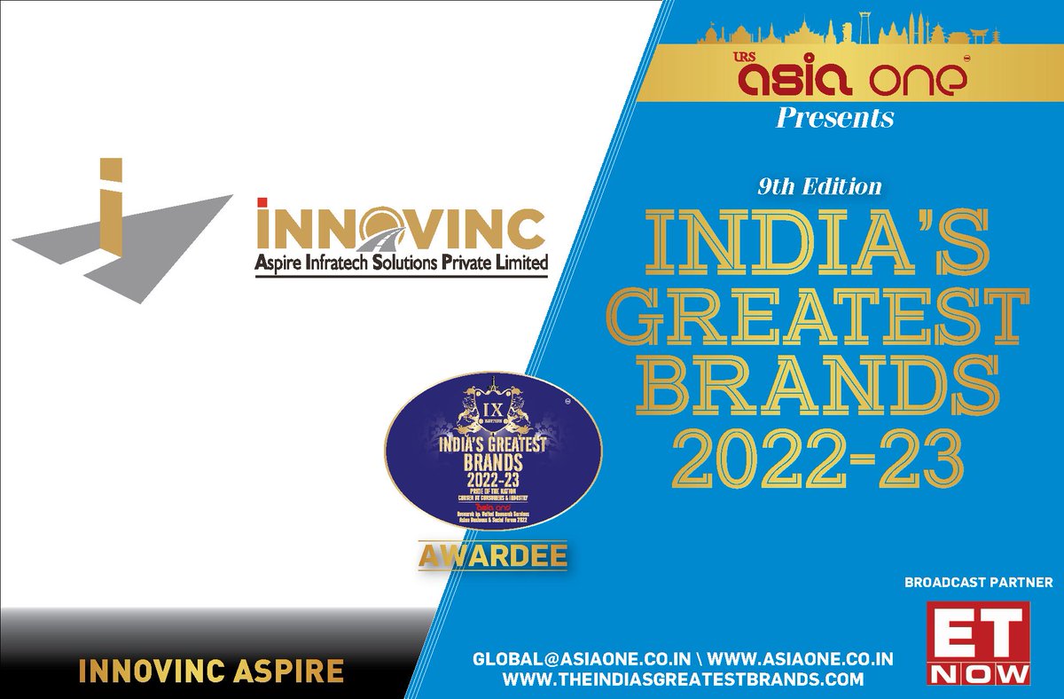 AspireInnovinc's tweet photo. AsiaOne Magazine lauds Innovinc Aspire Infratech Solutions Pvt Ltd., An ISO 9001:2015 certified company focused on being a Turnkey Project Solution provider for Infrastructure and Renewable energy would be felicitated with India’s Greatest Brands 2022-23 Awards.

#Asiaonemagazine https://t.co/1U5Aq7gCpN