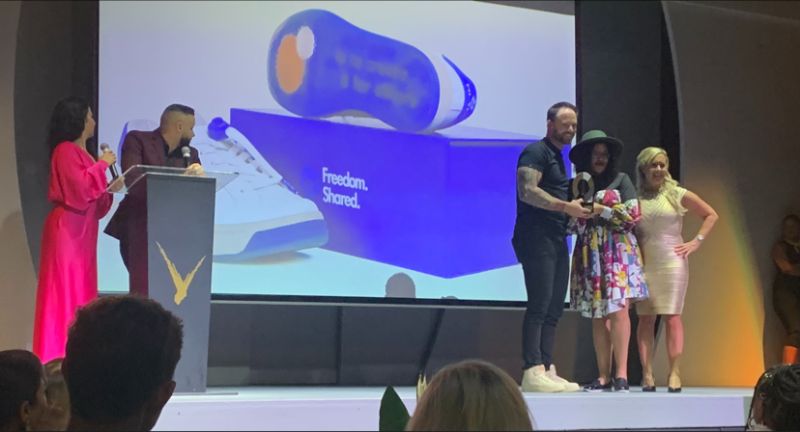 Proud of our CEO Victoria Grant seen here presenting a Gold award to Hoorah Digital SA (Pty) Ltd for their ad Hi-Tech Freedom Shared