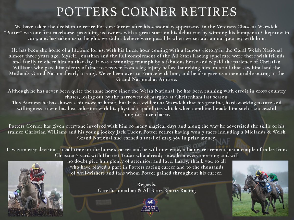 Potter achieved more than what we could have dreamt of. What a horse 🐎 Happy retirement RT @StarsRacing: POTTERS CORNER RETIRES @JonFoxDavies @GarethMaule @CWilliamsRacing #PottersCorner