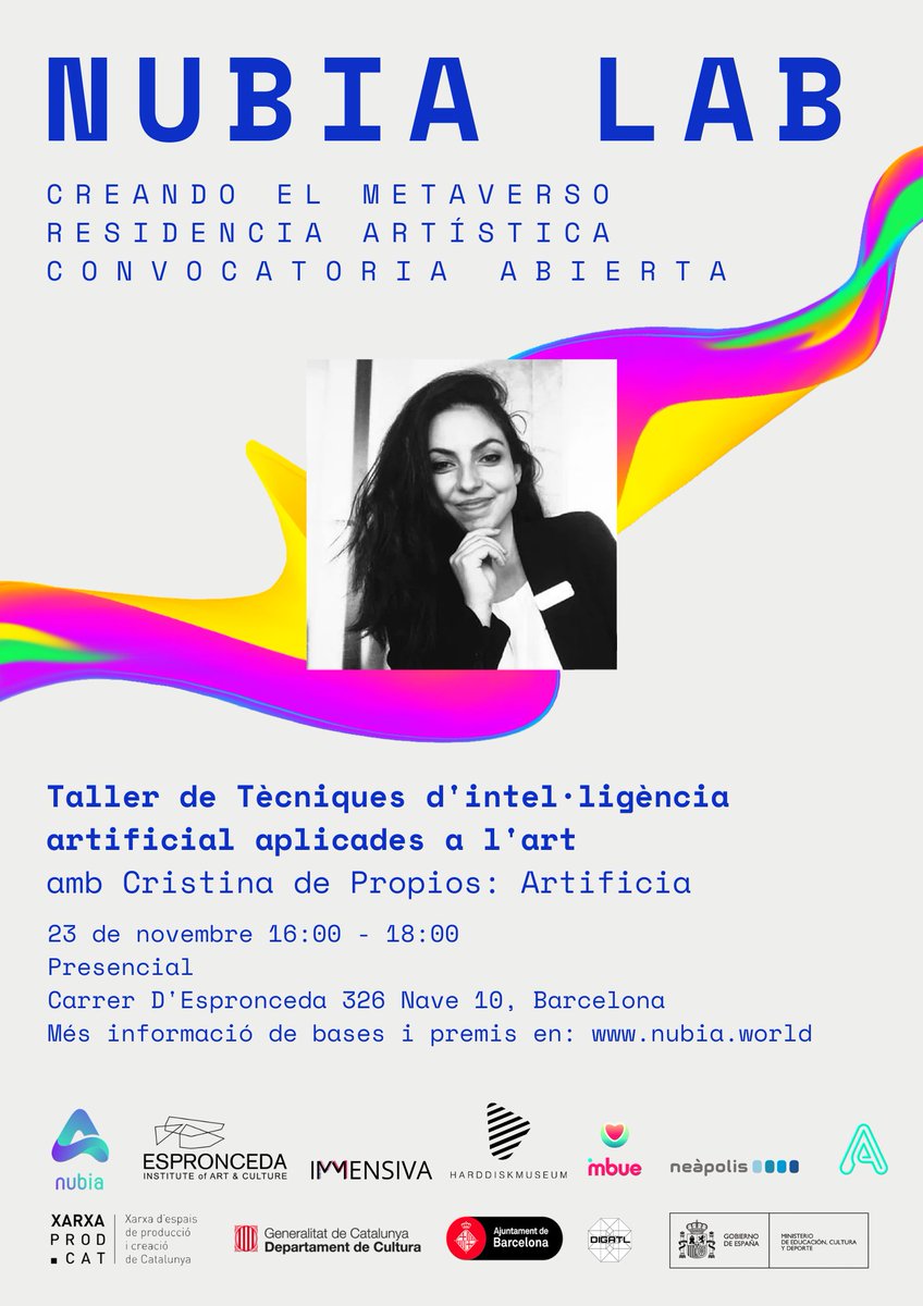 Taller presencial a #Barcelona
Gratuït per a tots el públics!
"Tècniques d'intel·ligència artificial aplicades a l'art"
impartit per Cristina de Propios (<a href="/de_propios/">de Propios</a>), Doctora en Art i IA (#AIart)
23 novembre de 16 a 18h 
Lloc: <a href="/esproncedabcn/">ESPRONCEDA Institute of Art & Culture</a>  
Registre: artificia.pro/ca/taller-art-…