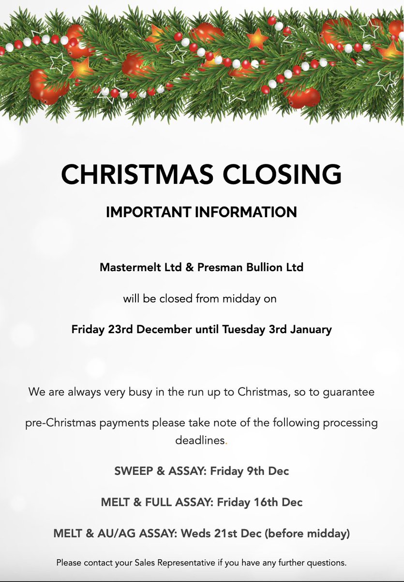 Presman Mastermelt (@mastermelt) on Twitter photo Our Christmas deadlines..
Dont leave it too late to process your sweep and lemels.
Drop us an email or call to organise a collection..
📞 0207 400 3400
📧 info@mastermelts.co.uk Our Christmas deadlines..
Dont leave it too late to process your sweep and lemels.
Drop us an email or call to organise a collection..
📞 0207 400 3400
📧 info@mastermelts.co.uk
