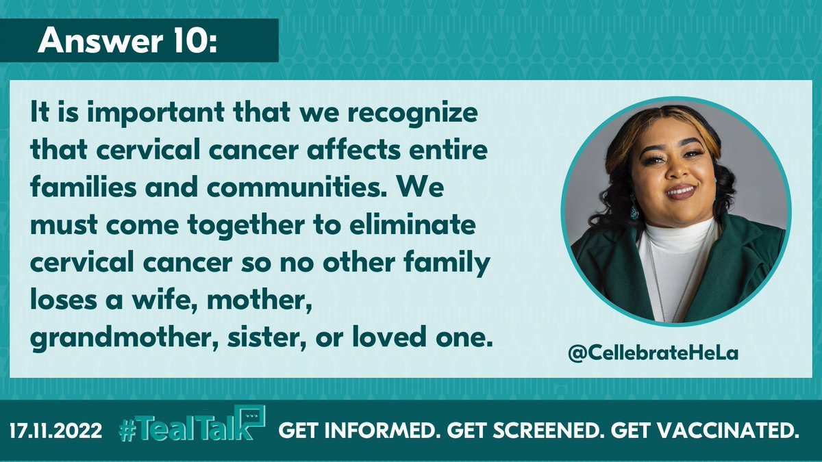 CELLebrateHeLa's tweet photo. A10:  We must come together to eliminate cervical cancer so no other family loses a wife, mother, grandmother, sister, or loved one. It means we are empowering women and families. #TealTalk https://t.co/IKctezWnXm