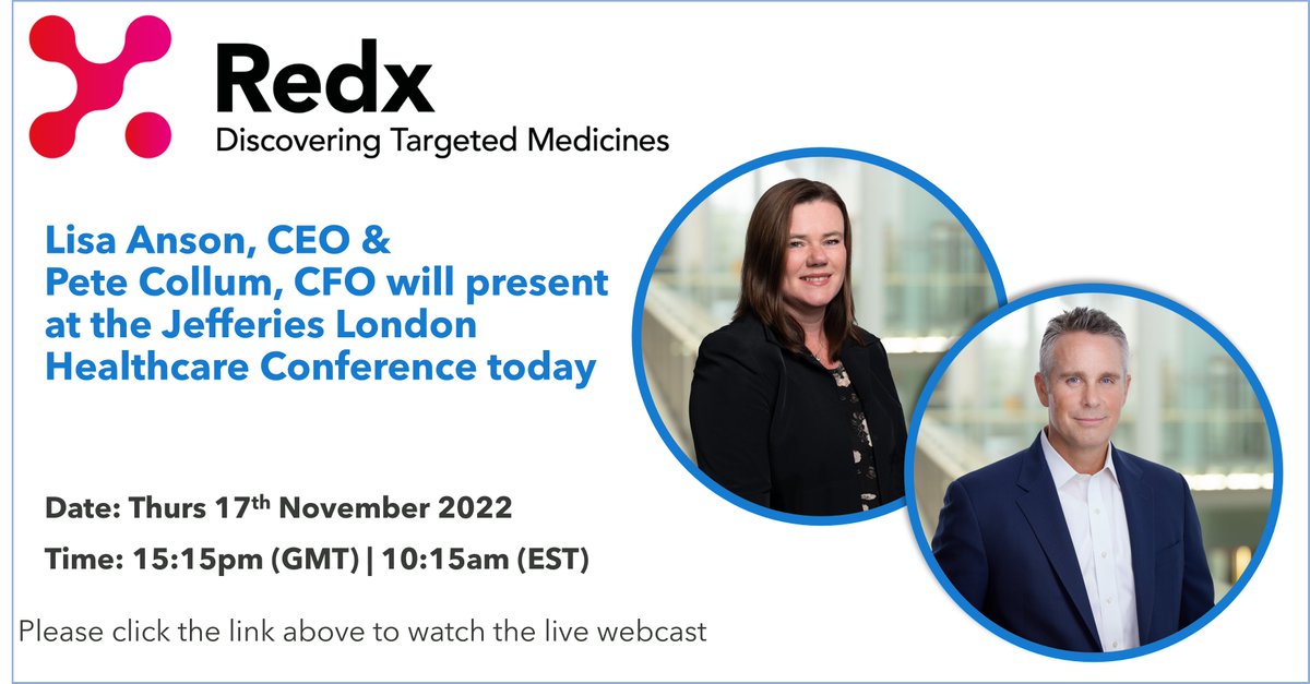 Redx are delighted to be attending the @Jefferies London Healthcare Conference and will present today at 15:15 GMT. To watch the presentation live, please click here: bit.ly/3TKeSBm. A recording of the webcast will be available here afterwards: bit.ly/3ULrXvS