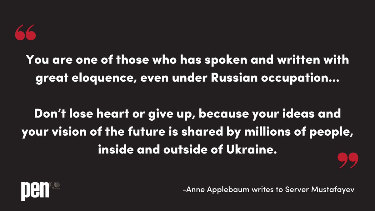 pen_int's tweet photo. American Journalist and Historian Anne Applebaum writes a solidarity letter to imprisoned Crimean Tatar citizen journalist and human rights defender, #ServerMustafayev. Write your own letter to Server today: https://t.co/8MD5yg863G #ImprisonedWriter @anneapplebaum @PenUkraine https://t.co/y7W5Y346EQ