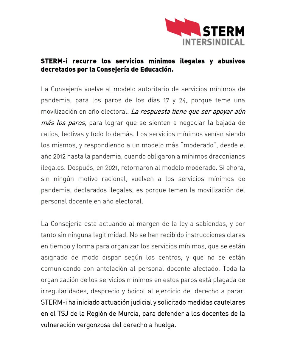 👉 Recurrimos los servicios mínimos abusivos decretados por la Consejería de Educación, para defender a los docentes de la vulneración vergonzosa del derecho a huelga.

#STERM #SiempreATuLado #EducaciónPúblicaDeTodasyParaTodas