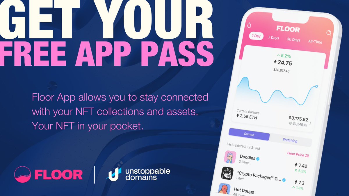 unstoppableweb's tweet photo. Thanks to your Unstoppable domain, you can now get access to the @Floor app and connect your favorite NFT collections! 🚀

Step 1: Mint an App Invite: https://t.co/z6rVfi82MD 

Step 2: Download the App and get started: https://t.co/nYYXtRLE1f https://t.co/uwpFJRCIWZ