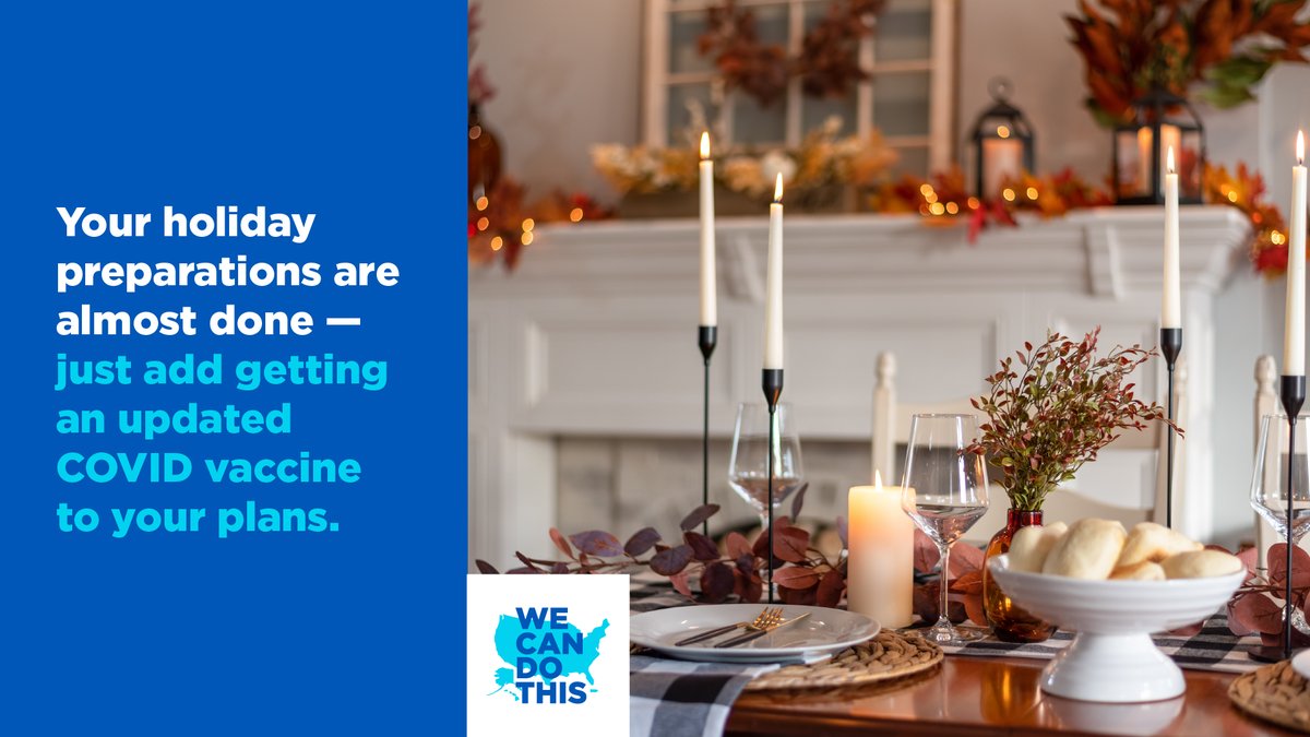 HHSGov's tweet image. One week until Thanksgiving! 

Planning for COVID protection makes for a safer, healthier holiday season. 
Get yourself and your loved ones up to date on your COVID vaccines. 

Find updated vaccines for everyone 5+ at vaccines.gov. 
#WeCanDoThis