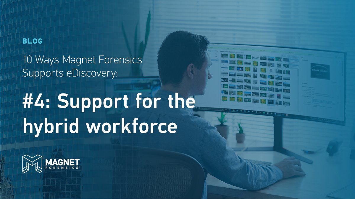 MagnetForensics's tweet photo. Magnet Forensics supports #eDiscovery by including support for the hybrid workforce. Reliable #RemoteCollections of endpoints need to be performed by a tool (like #AXIOMCyber) that can handle the task when they're not connected to the corporate network: https://t.co/dcmHffbI1L https://t.co/vhyaJeccqw
