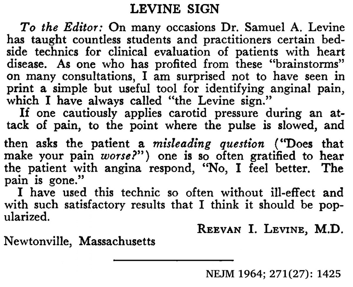Just learned “Levine sign” is the clenched fist held over the chest to describe ischemic chest pain (i must’ve been absent during this part of didactics). Went to google and found the most amusing @NEJM letter to the editor 💀💀💀