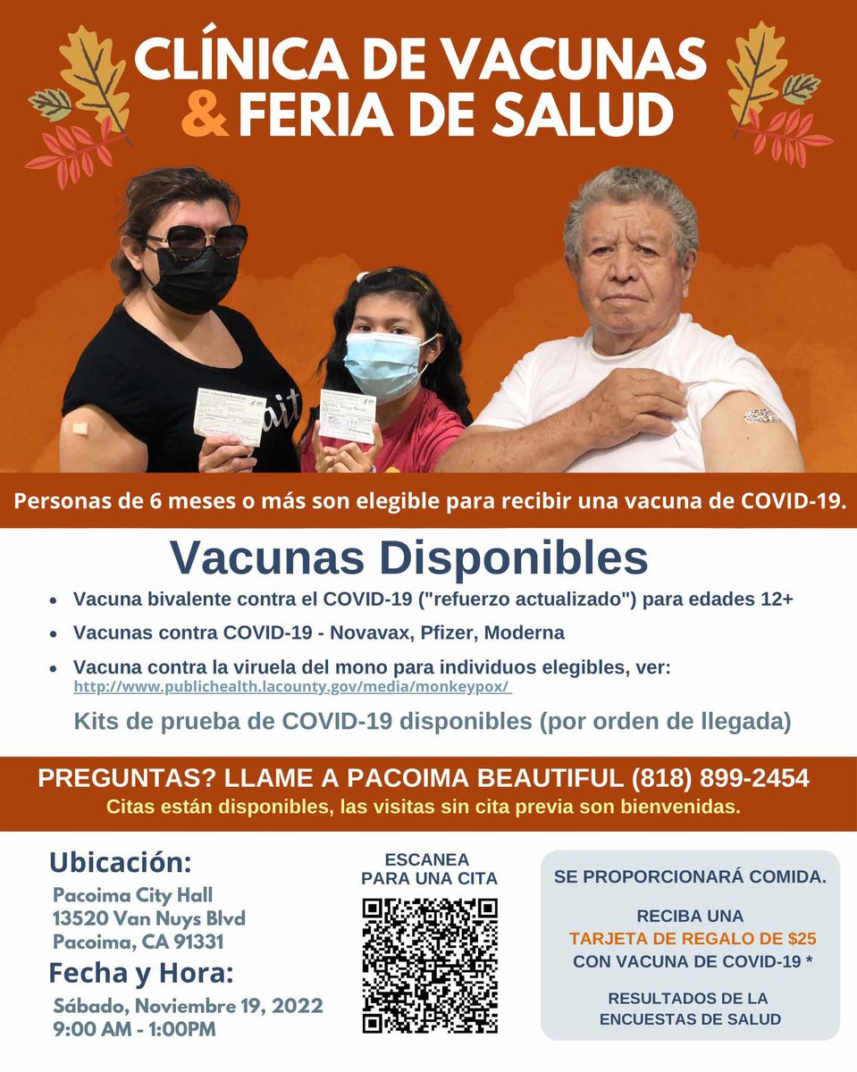 It’s a two-fer! This Saturday in Pacoima, join my office for a Vaccine Clinic & Resource Fair— get your COVID-19 vaccines & boosters—Monkeypox & flu vaccines are also available! And—as a Thanksgiving 🦃 bonus,@LAFoodBank will also provide a free box of food!