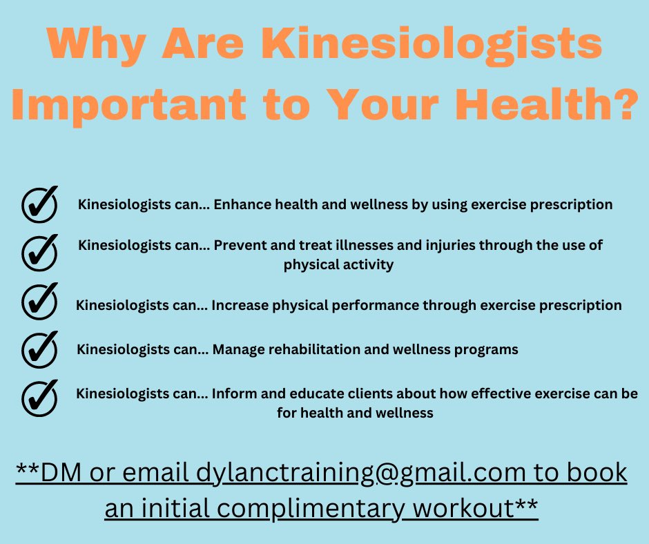 DylanCTraining's tweet image. Kinesiologists are human movement specialists who provide services to enhance health and wellness by helping to plan, manage, and improve fitness. 

Check out the graphic to see why Kinesiologists are important and how they can help you enhance you health and wellness.