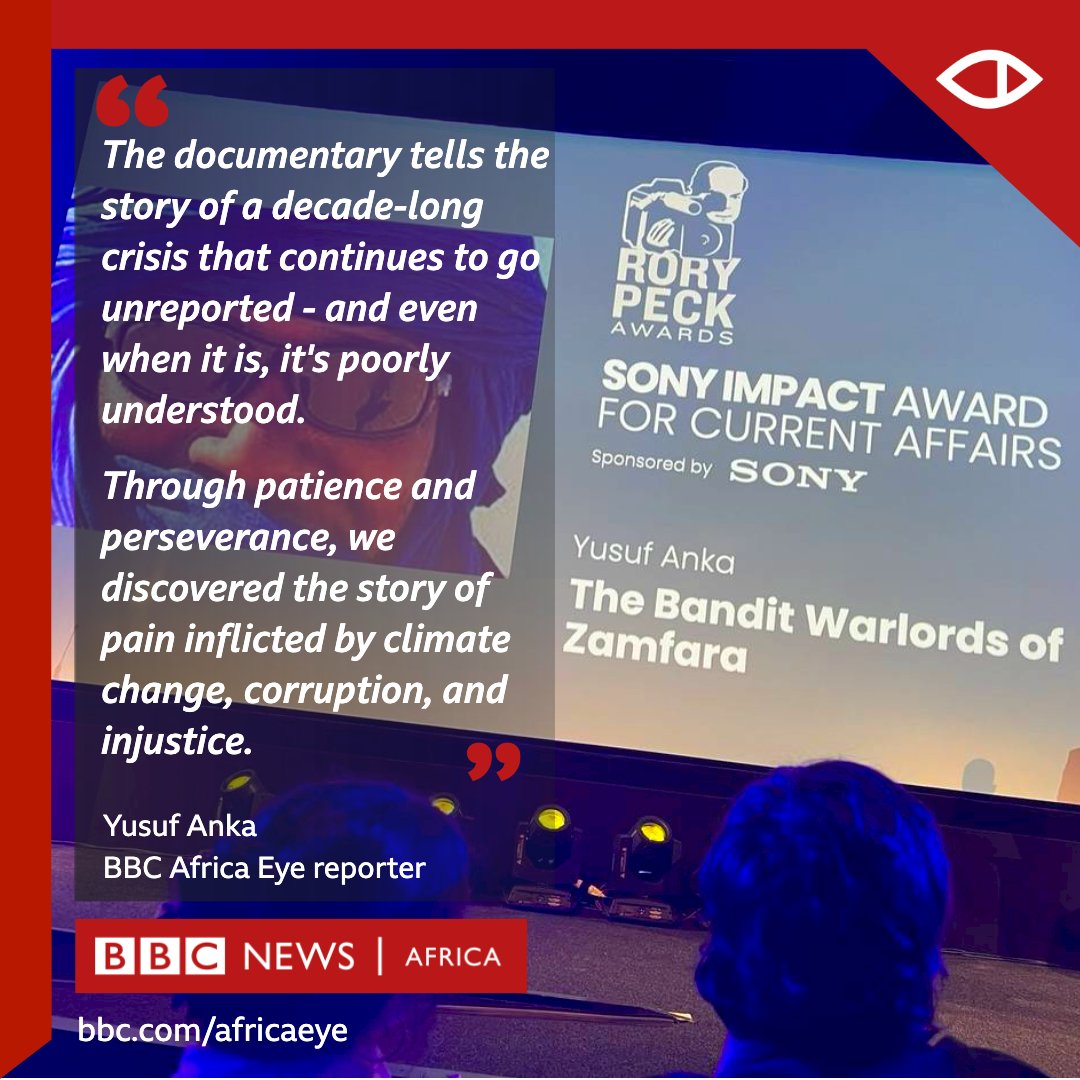 🏆 Congratulations to #BBCAfricaEye reporter <a href="/ankaboy/">Yusuf Anka</a> on winning the 2022 Sony Impact award at the #RoryPeckAwards for his courageous and important work on ‘The Bandit Warlords of Zamfara’ 🇳🇬

🎥 Watch the documentary here: bbc.in/3J0CTR3

#ZamfaraBandits